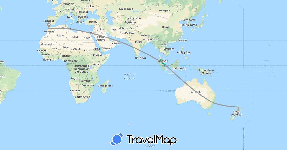 TravelMap itinerary: bus, plane in Australia, Egypt, Morocco, Malaysia, New Zealand, Qatar, Singapore (Africa, Asia, Oceania)